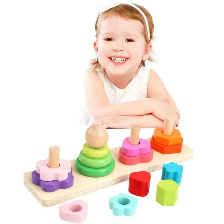 Four Column Tower - Wooden Shape Sorting & Stacking Educational Toy
