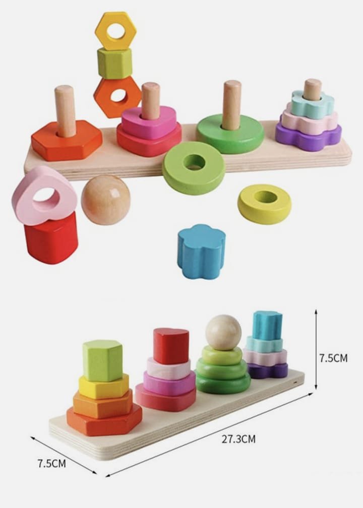Four Column Tower - Wooden Shape Sorting & Stacking Educational Toy