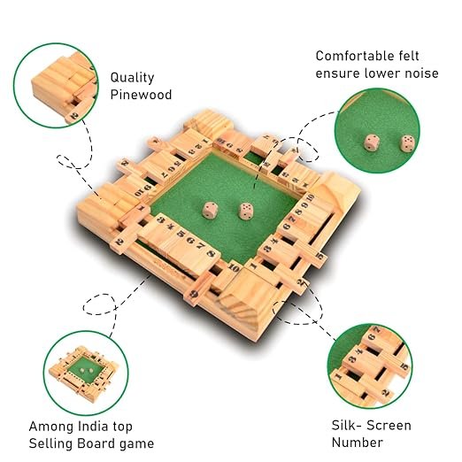 Clapjoy Shut The Box Dice Game – Premium 4-Player Wooden Board Game | Fast-Paced Math Learning Toy for Kids & Adults | Deluxe Tabletop Game for Family Parties | Includes 2 Dice & Repeatable Scorecard | 10-Inch Large Square Edition