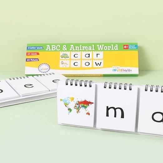 Intelliskills Premium ABC & Animal Word Builder (Set of 2) – Interactive Vocabulary Learning for Kids | 64 New Words with Picture Recognition | 44-Page Preschool Educational Flip Cards | Ages 3+