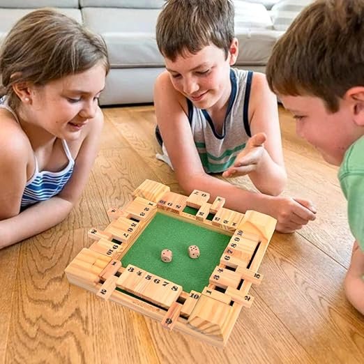 Clapjoy Shut The Box Dice Game – Premium 4-Player Wooden Board Game | Fast-Paced Math Learning Toy for Kids & Adults | Deluxe Tabletop Game for Family Parties | Includes 2 Dice & Repeatable Scorecard | 10-Inch Large Square Edition