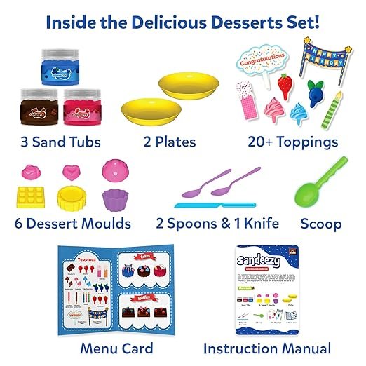 Skillmatics Sandeezy Pretend Play Desserts Set – Mess-Free Sensory Sand Kit with Moulds & Toppings | Creative Indoor DIY Activity for Kids Ages 3-7