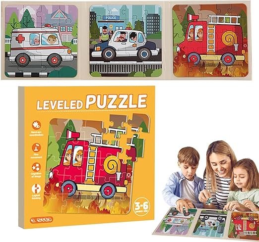 Onlinenest® Leveled Puzzle for Kids Ages 3-6 – Fire Truck Theme | Progressive 3-in-1 Jigsaw Set for Early Learning & Skill Building