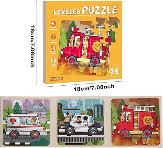 Onlinenest® Leveled Puzzle for Kids Ages 3-6 – Fire Truck Theme | Progressive 3-in-1 Jigsaw Set for Early Learning & Skill Building