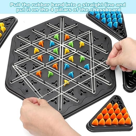 Chain Triangle Chess Strategy Game – 4-Player Rubber Band Territory Game | Interactive Chain Board Puzzle & Brain Teaser for Kids & Adults | Creative Family Night Logic Game | 2 to 4 Players