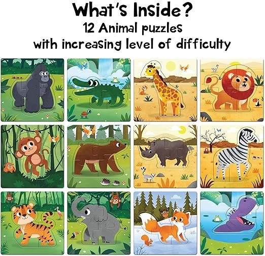 Play Poco 12-in-1 Animal Puzzle Adventure – Progressive 2, 3, & 4-Piece Jigsaw Set for Toddlers